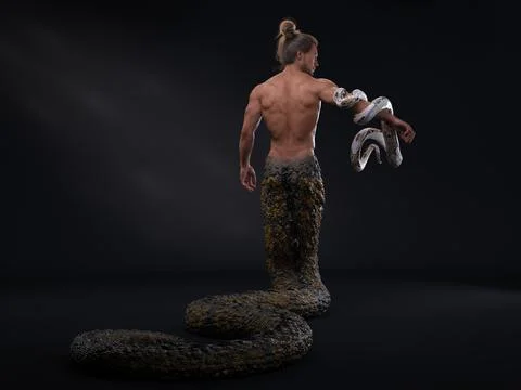 3D Render : A human-snake hybrid male creature, half snake half human Illustrazione stock