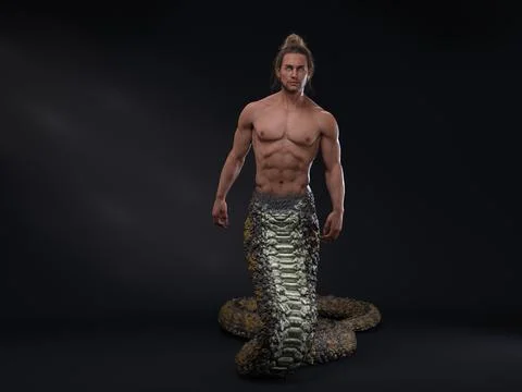 3D Render : A human-snake hybrid male creature, half snake half human Illustrazione stock