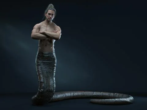 3D Render : A human-snake hybrid male creature, half snake half human Stock Illustration