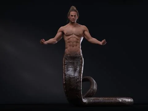 3D Render : A human-snake hybrid male creature, half snake half human Stock Illustration