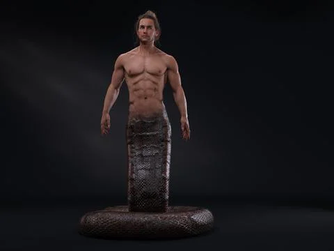 3D Render : A human-snake hybrid male creature, half snake half human Stock Illustration