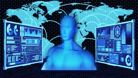 3D Render Humanoid AI and HUD on World m... | Stock Video | Pond5