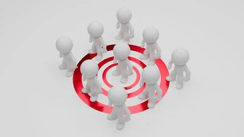 3D render of humanoid figures encircling red target rings Stock Illustration