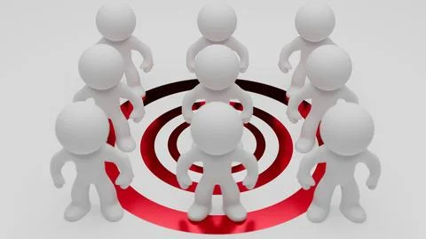 3D render of humanoid figures surrounding concentric red target rings Stock Illustration