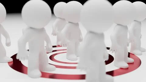 3D render of humanoid figures walking across red target circles Ilustración de archivo