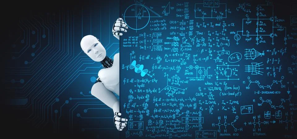 3D render humanoid robot show up from educational blackboard in class room イラスト素材