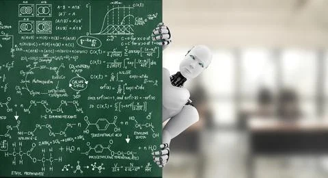 3D render humanoid robot show up from educational blackboard in class room Stock Illustration