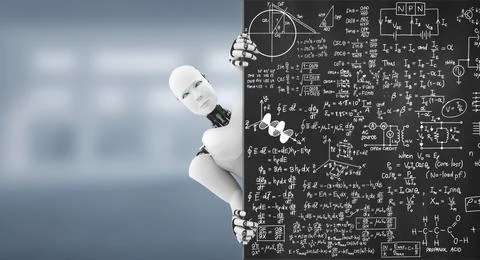 3D render humanoid robot show up from educational blackboard in class room Ilustración de archivo