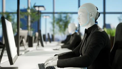3d render of humanoid robots working in modern office, future concept Stock-Illustration
