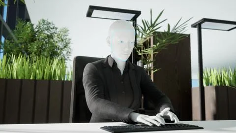 3d render of humanoid robots working in modern office, future concept Stock Illustration