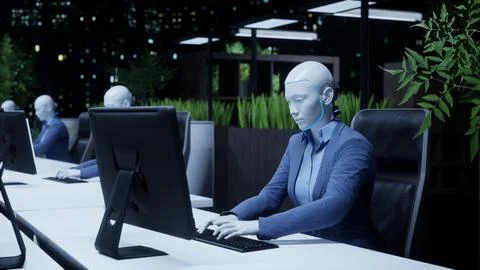 3d render of humanoid robots working in modern office, future concept Stock Illustration