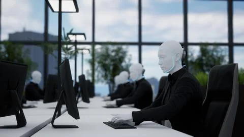 3d render of humanoid robots working in modern office, future concept Stock-Illustration