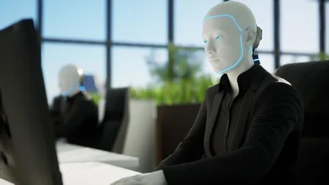 3d render of humanoid robots working in modern office, future concept Stock-Illustration
