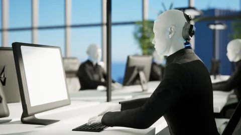 3d render of humanoid robots working in modern office, future concept Stock-Illustration
