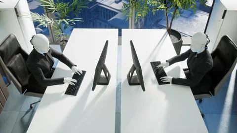 3d render of humanoid robots working in modern office, future concept Illustrazione stock
