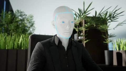 3d render of humanoid robots working in modern office, future concept Stock-Illustration