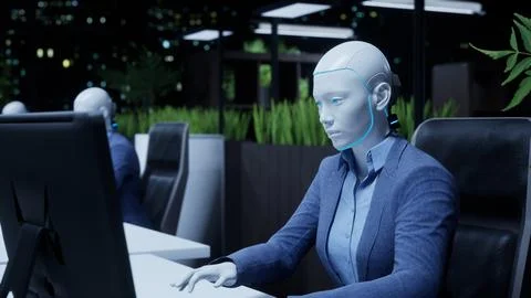 3d render of humanoid robots working in modern office, future concept Stock Illustration