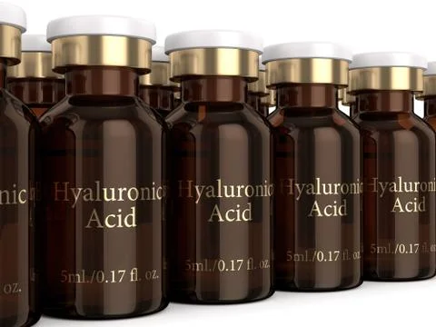 3d render of hyaluronic acid vials in row Stock Illustration