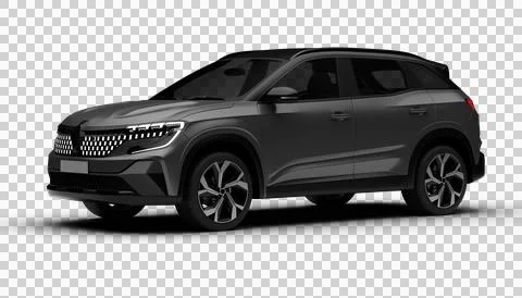 A 3D render of a hybrid grey C-SUV showcasing its front left side on a tran.. Stock Illustration
