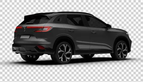 A 3D render of a hybrid grey C-SUV displaying its rear right side on a tran.. Stock Illustration