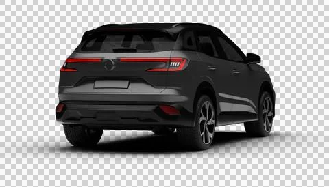 A 3D render of a hybrid grey C-SUV displaying its rear right side on a tran.. Stock Illustration