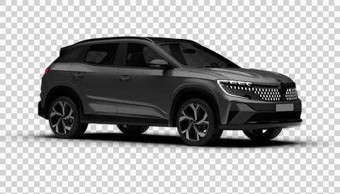 A 3D render of a hybrid grey C-SUV showcasing its front right side on a tra.. Stock Illustration