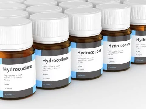 3d render of hydrocodone bottles with pills Stock-Illustration
