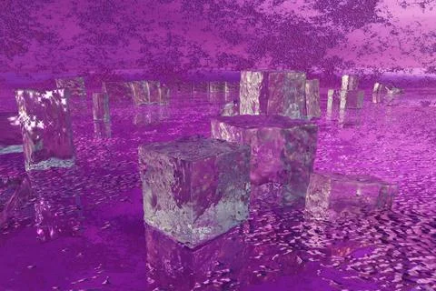 3d render of ice and melt water with crystals on bright purple background Stock Illustration