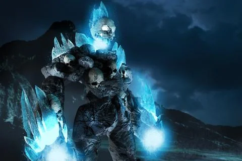 3d render of ice golem on sea skull cave background. Stock Illustration