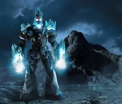 3d render of ice golem on sea skull cave background. Stock Illustration