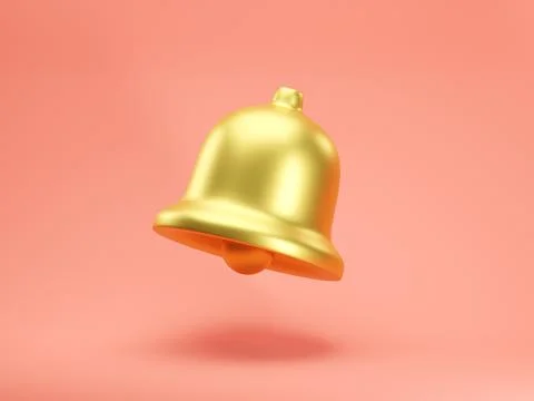 3d render icon of golden notification bell isolated on pink background. Social Stock Illustration
