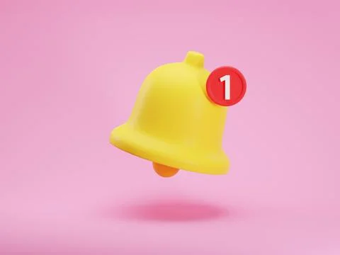 3d render icon of matte yellow notification bell with one new message isolated Illustrazione stock
