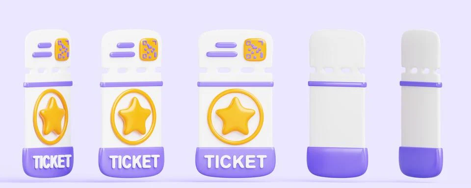3d render icon set of cinema tickets rotation. Cartoon isolated coupon, voucher Stockillustratie