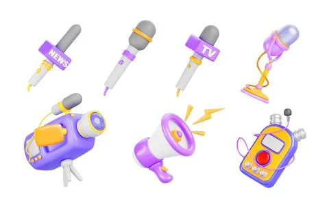 3d render icon set of microphone, video camera, loudspeaker and voice recorder Illustrazione stock