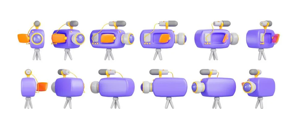 3d render icon set of video camera rotation. Cartoon isolated purple orange Illustrazione stock