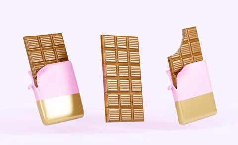 3d render icon set of whole and bitten chocolate bars in open wrapped. Cartoon 스톡 일러스트