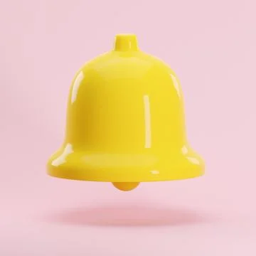 3d render icon of yellow notification glossy bell isolated on pastel pink Illustrazione stock