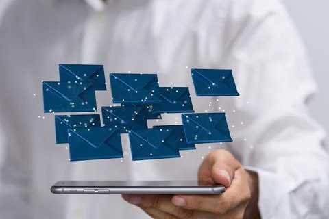 3d render icons flying over mans phone Foto stock