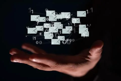 3d render icons flying over mans hamd Foto stock