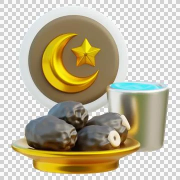 3D Render of Iftar Arrangement with Dates, Milk, and Crescent Moon Plate Stock Illustration