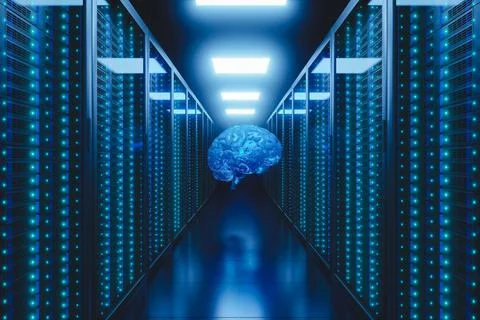 3D render of illuminated data center and human brain ai concept Stock Illustration