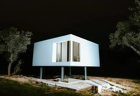 3D render of an illuminated futuristic white house in a park at night Ilustración de archivo