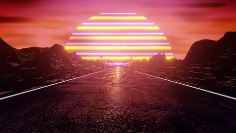 3d render illustration 80s retro synthwave road Stock Illustration
