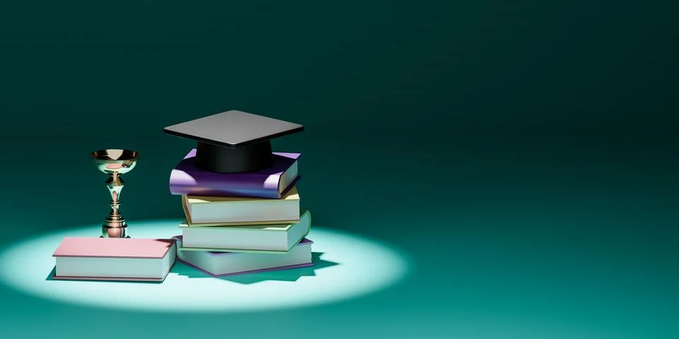 3D render illustration of academic cap on stack of books. Cartoon style 스톡 일러스트