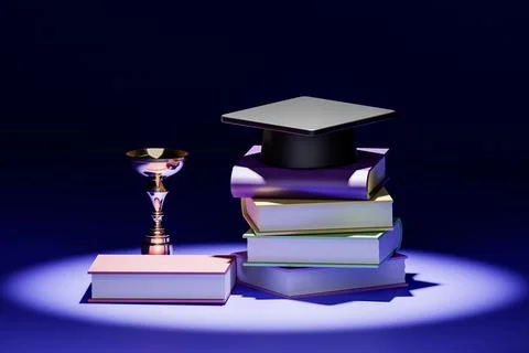 3D render illustration of academic cap placed on books 스톡 일러스트