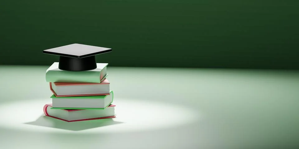 3D render illustration of academic cap on stack of books. Cartoon style Illustrazione stock