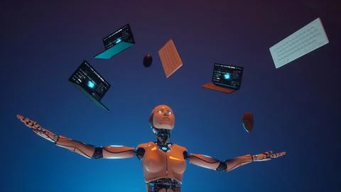 3d render illustration of ai robot humanoid and old device for programming. イラスト素材