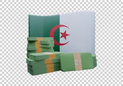 3D render illustration of Algeria flag and currency called Dinar Illustrazione stock