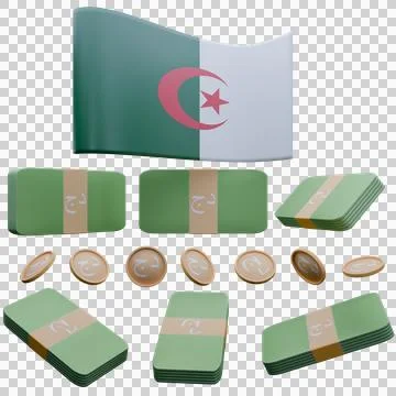 3D render illustration of Algeria flag and currency called Dinar Illustrazione stock