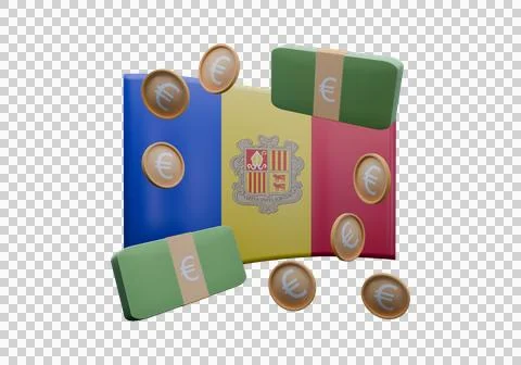 3D render illustration of Andorra flag and currency called Euro Stock Illustration